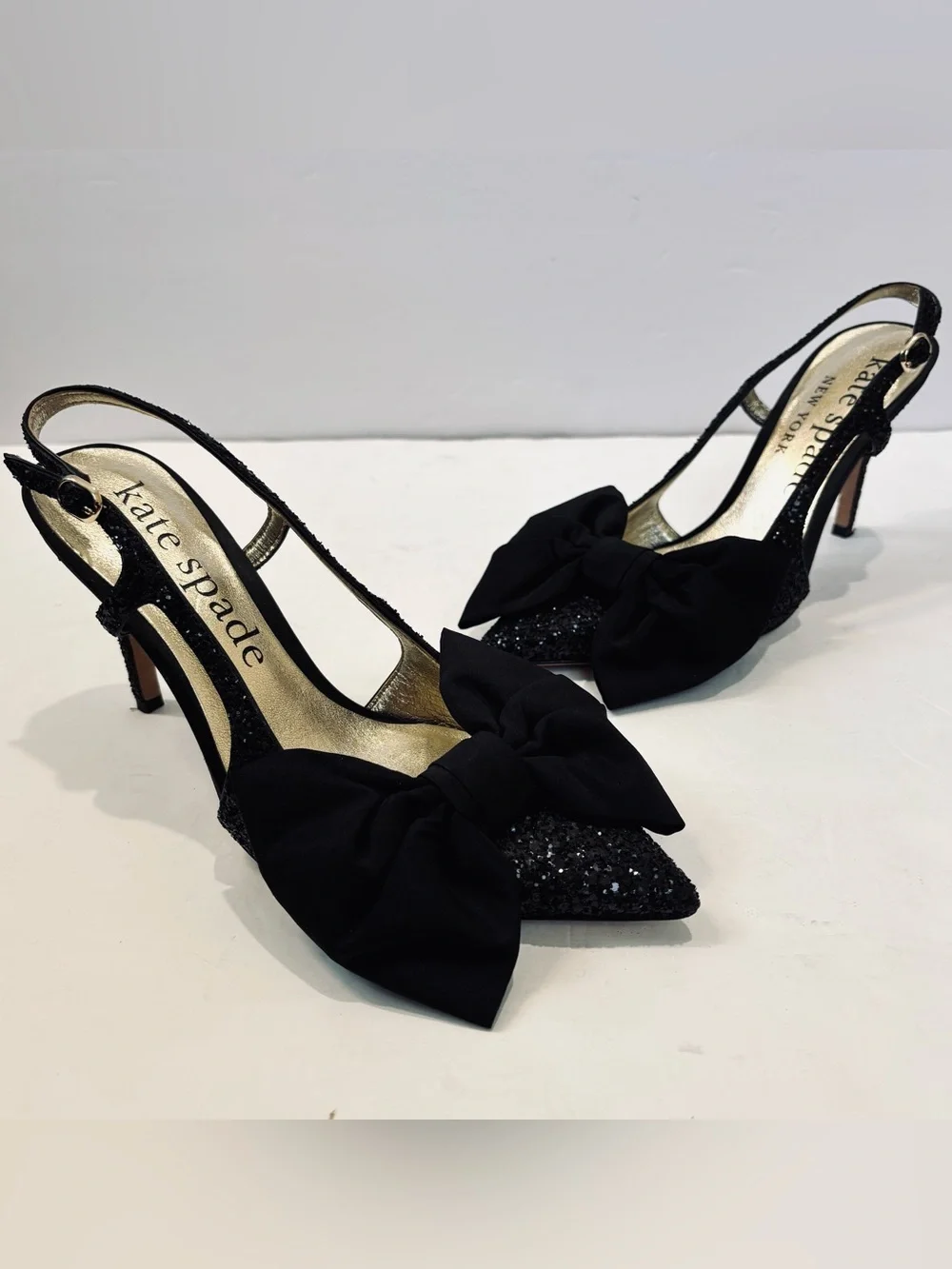 Kate Spade Sheela Black Glitter Silk Bow Slingback Pointed Toe Party Heel Pumps